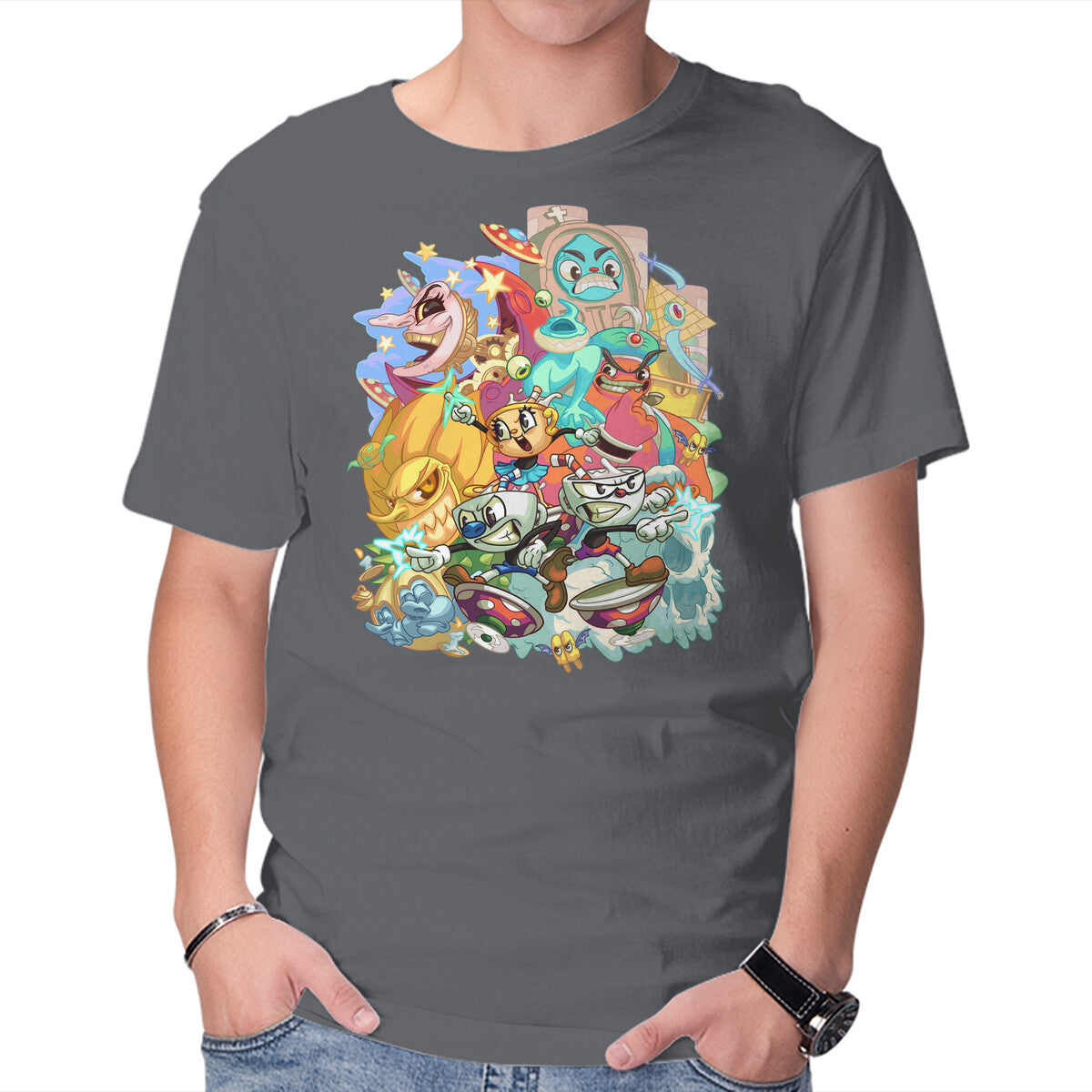 Cuphead Party – Gaming Graphic T-Shirt in charcoal, product display