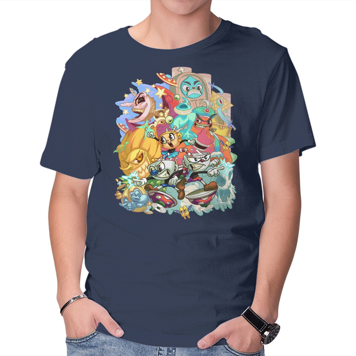 Cuphead Party – Gaming Graphic T-Shirt in navy, product display