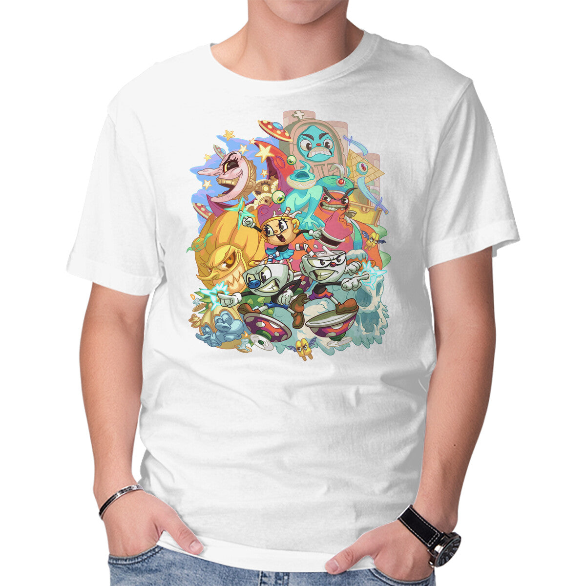 Cuphead Party – Gaming Graphic T-Shirt in white, product display