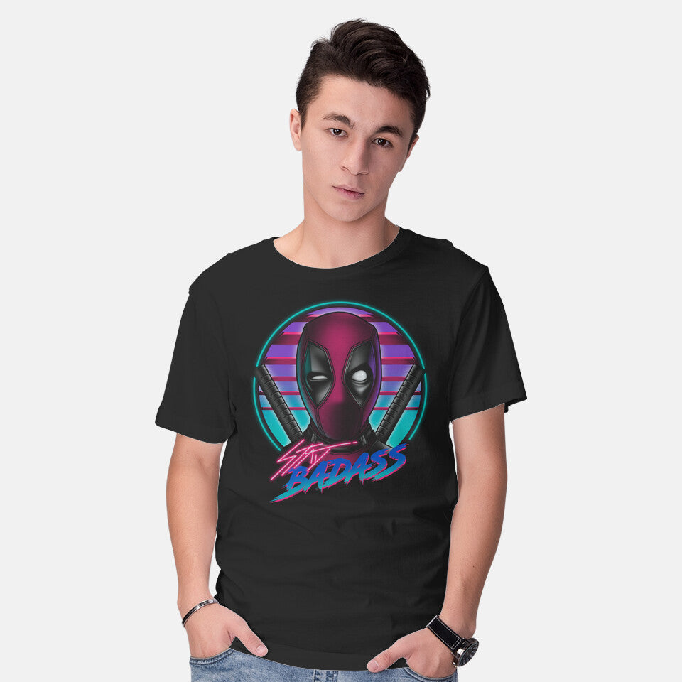 Model wearing black Stay Badass – Movie Graphic T-Shirt