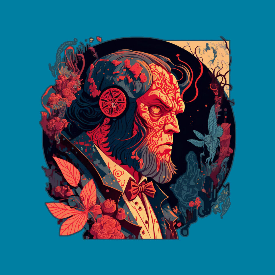 Hellboy Tux – Movie Graphic T-Shirt design artwork for turquoise graphic T-shirt