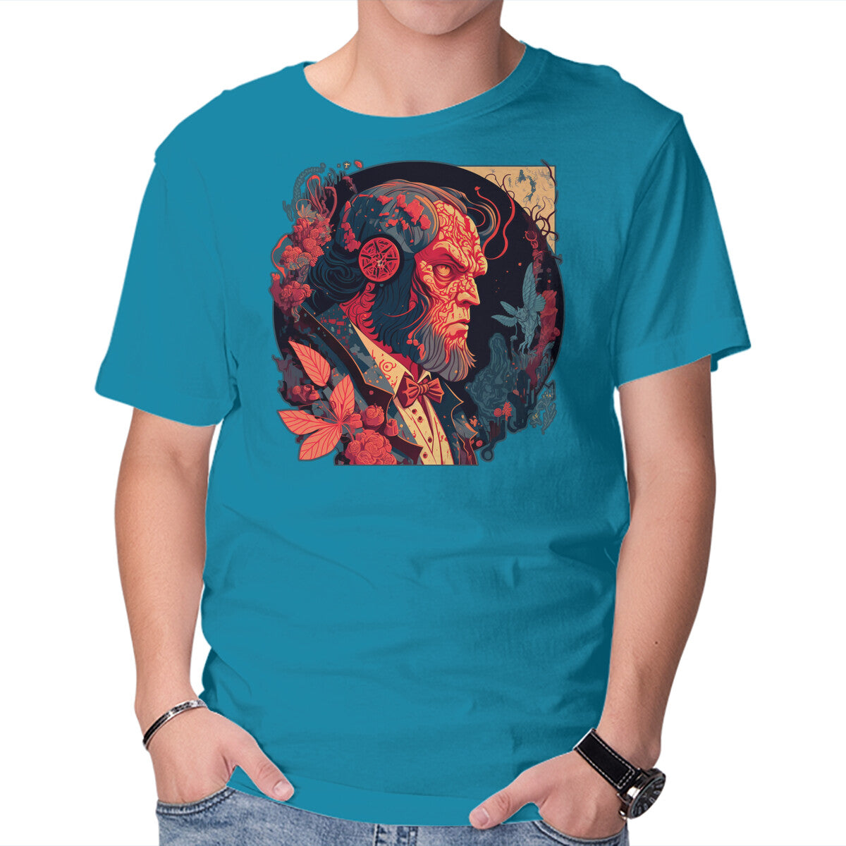 Hellboy Tux – Movie Graphic T-Shirt in turquoise, product display