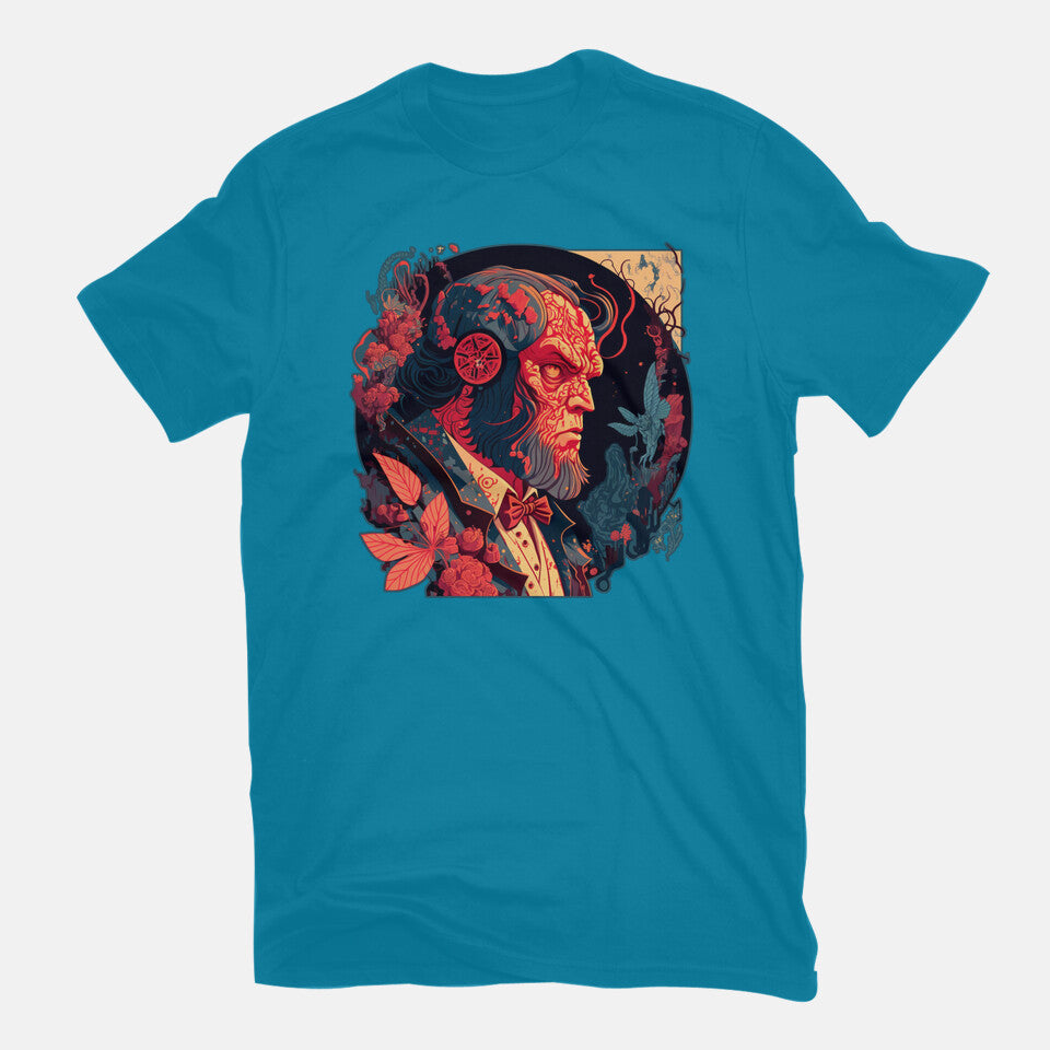 Hellboy Tux – Movie Graphic T-Shirt in turquoise, flat-lay product view