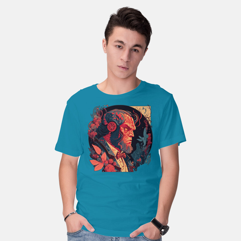 Model wearing turquoise Hellboy Tux – Movie Graphic T-Shirt