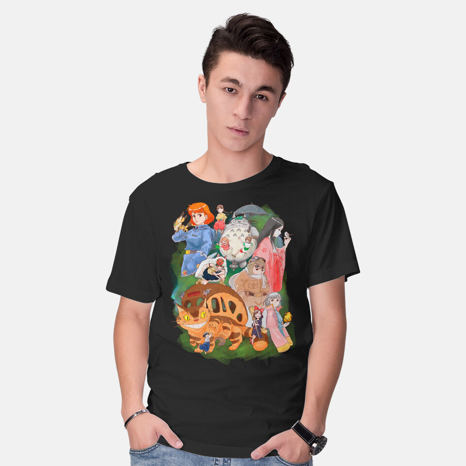 Model wearing black Compilation World – Anime Graphic T-Shirt