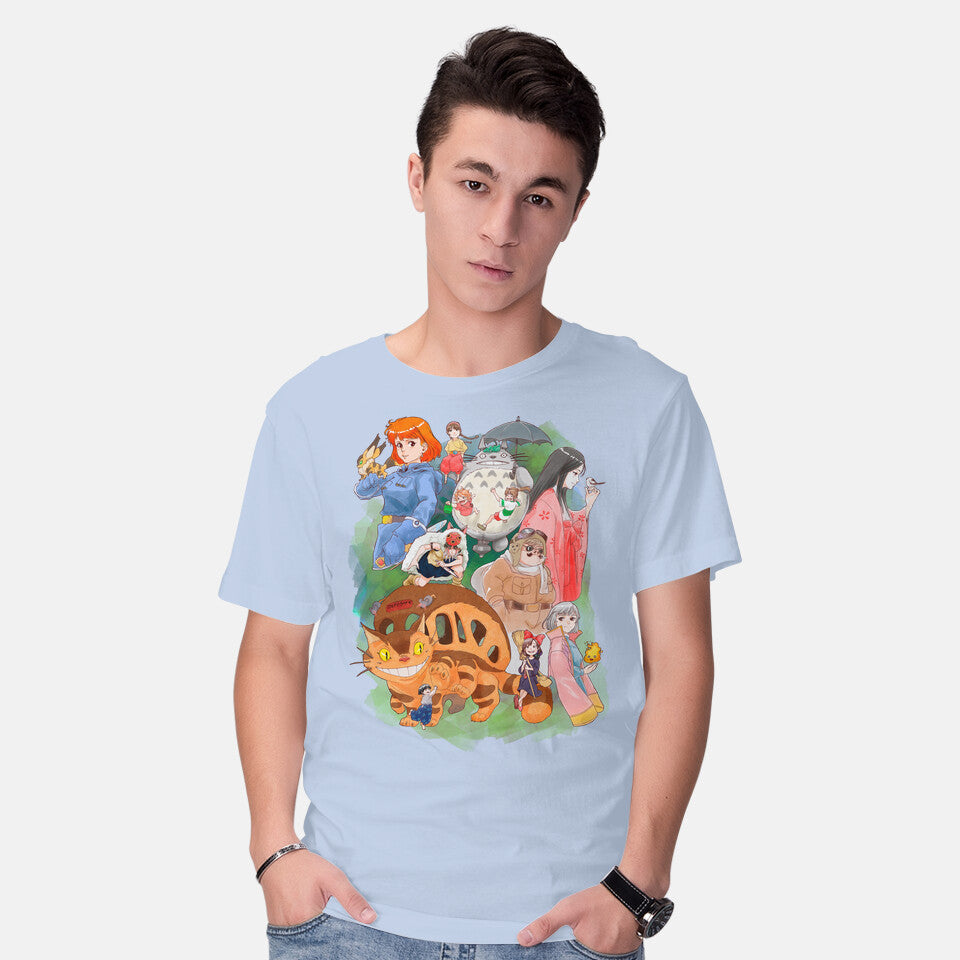 Model wearing blue Compilation World – Anime Graphic T-Shirt