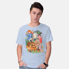 Model wearing blue Compilation World – Anime Graphic T-Shirt