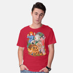 Model wearing red Compilation World – Anime Graphic T-Shirt