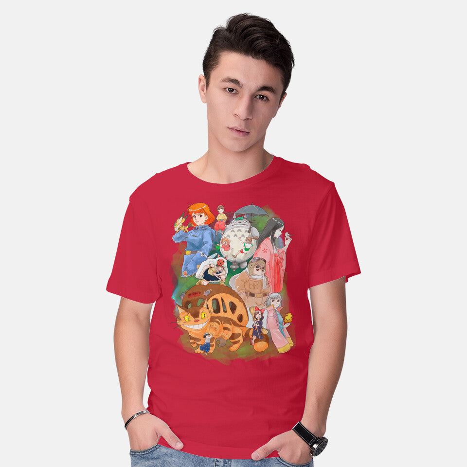 Model wearing red Compilation World – Anime Graphic T-Shirt