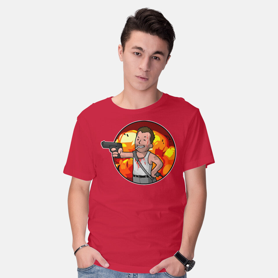 Model wearing red Vault McClane – Movie Graphic T-Shirt