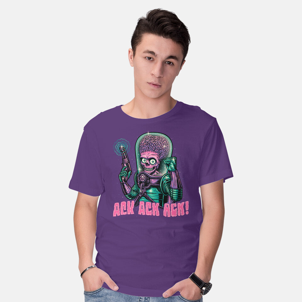 Model wearing purple Greetings From Mars – Sci-Fi Graphic T-Shirt