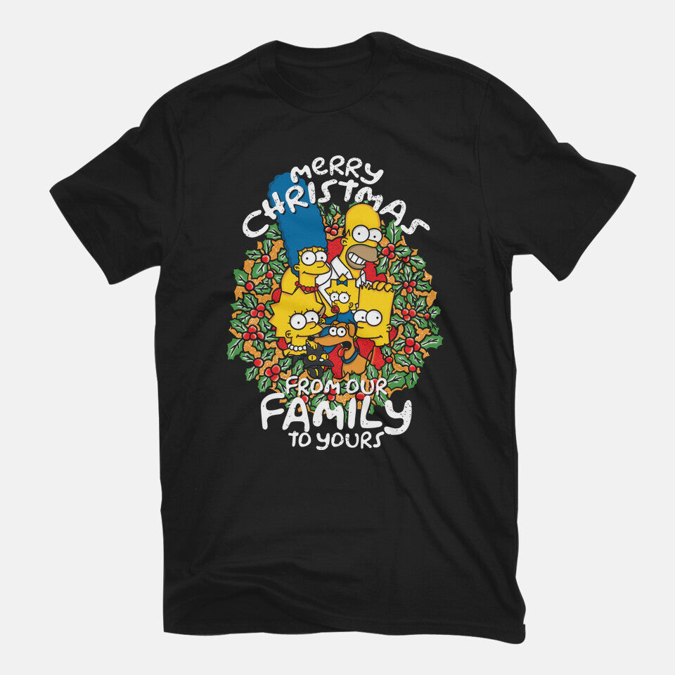 Greetings From The Simpsons – Funny Graphic T-Shirt in black, flat-lay product view