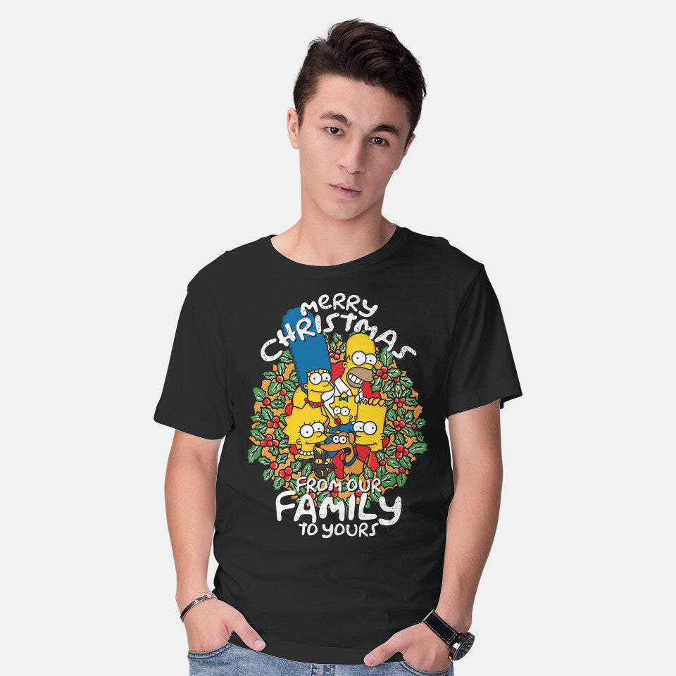 Model wearing black Greetings From The Simpsons – Funny Graphic T-Shirt