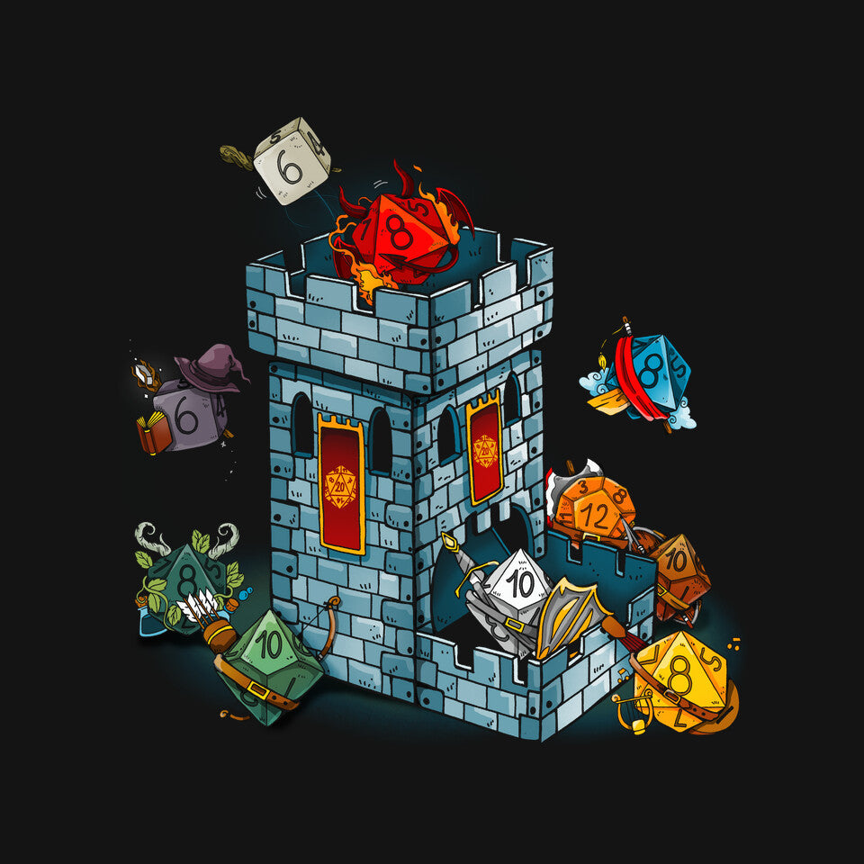Dice Tower – Gaming Graphic T-Shirt design artwork for black graphic T-shirt