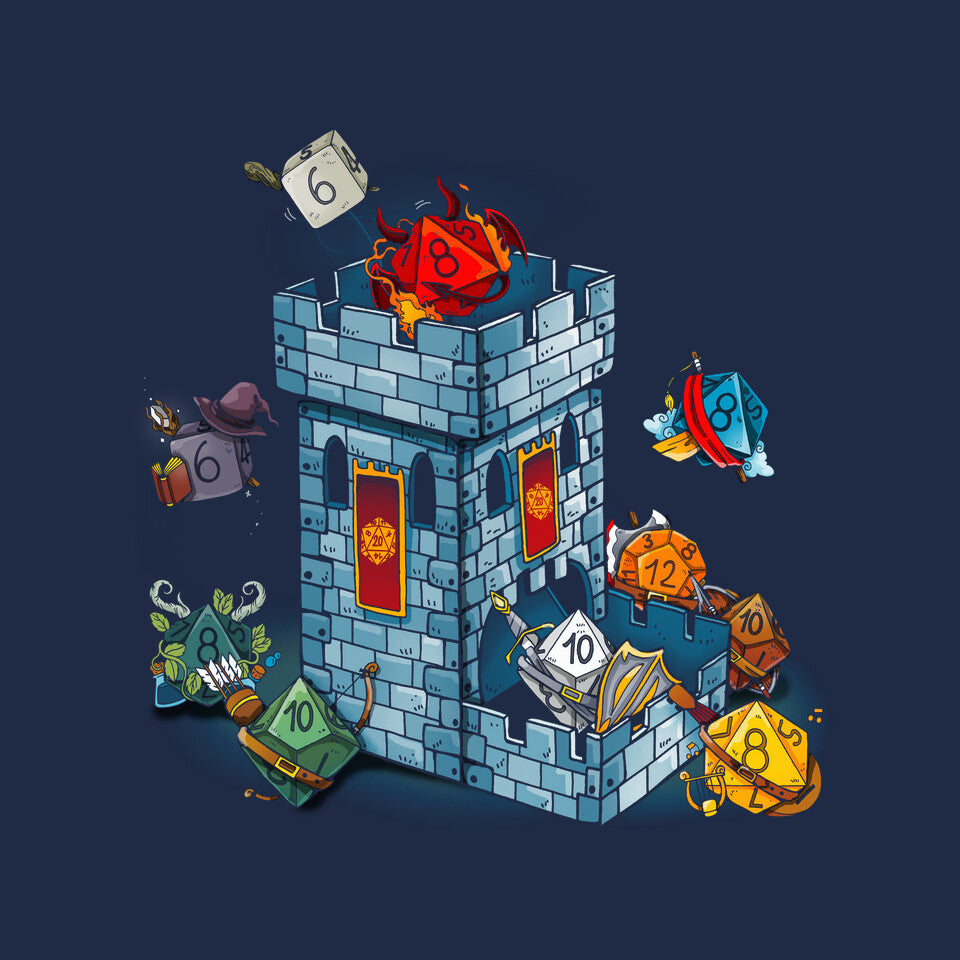 Dice Tower – Gaming Graphic T-Shirt design artwork for navy graphic T-shirt