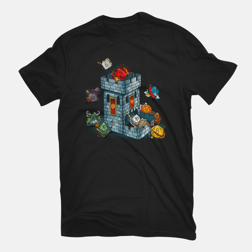 Dice Tower – Gaming Graphic T-Shirt in black, flat-lay product view