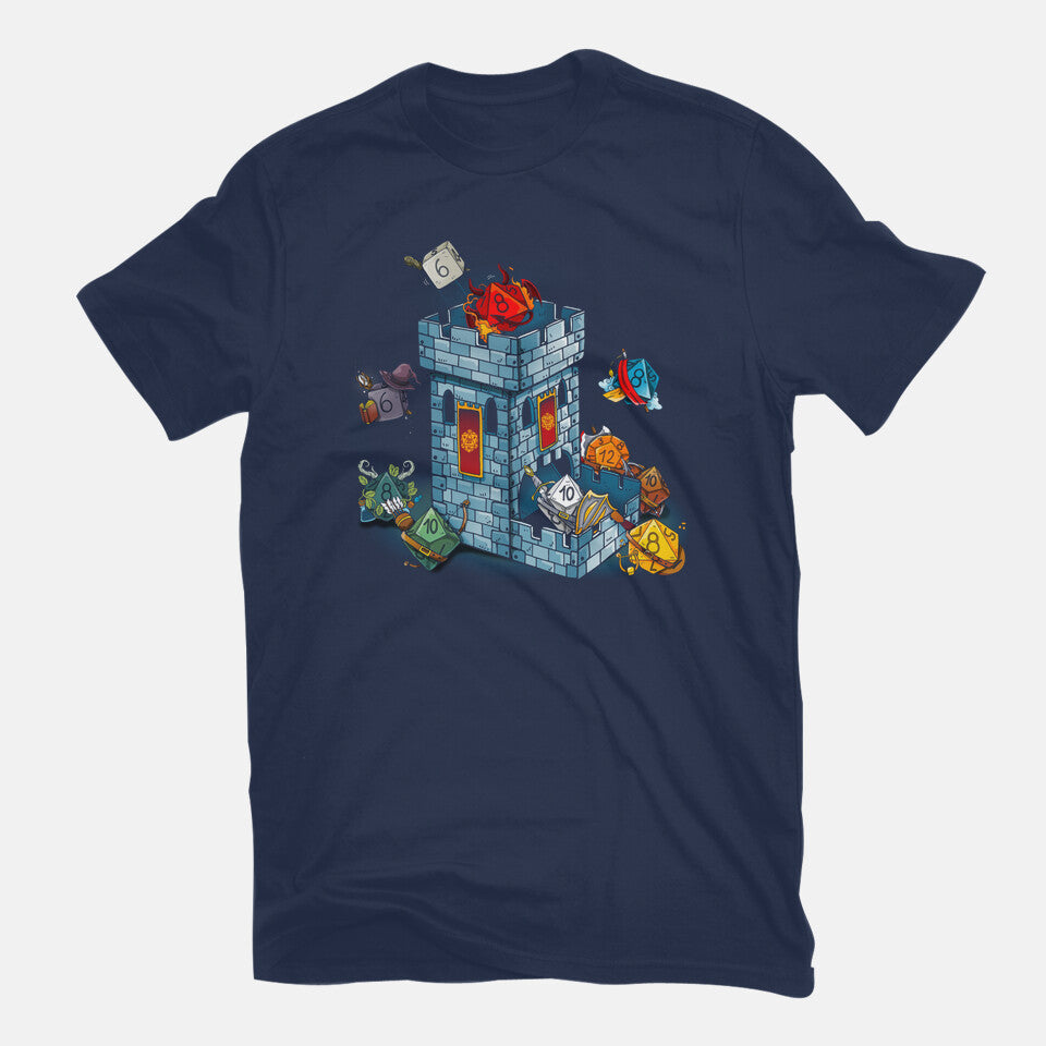 Dice Tower – Gaming Graphic T-Shirt in navy, flat-lay product view