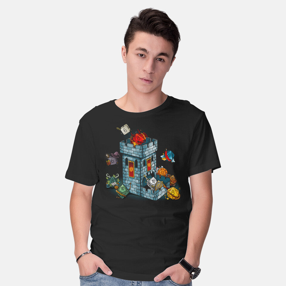 Model wearing black Dice Tower – Gaming Graphic T-Shirt