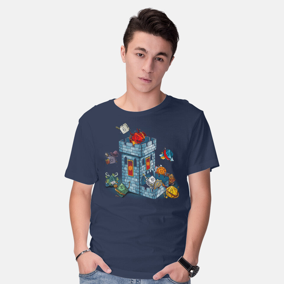 Model wearing navy Dice Tower – Gaming Graphic T-Shirt
