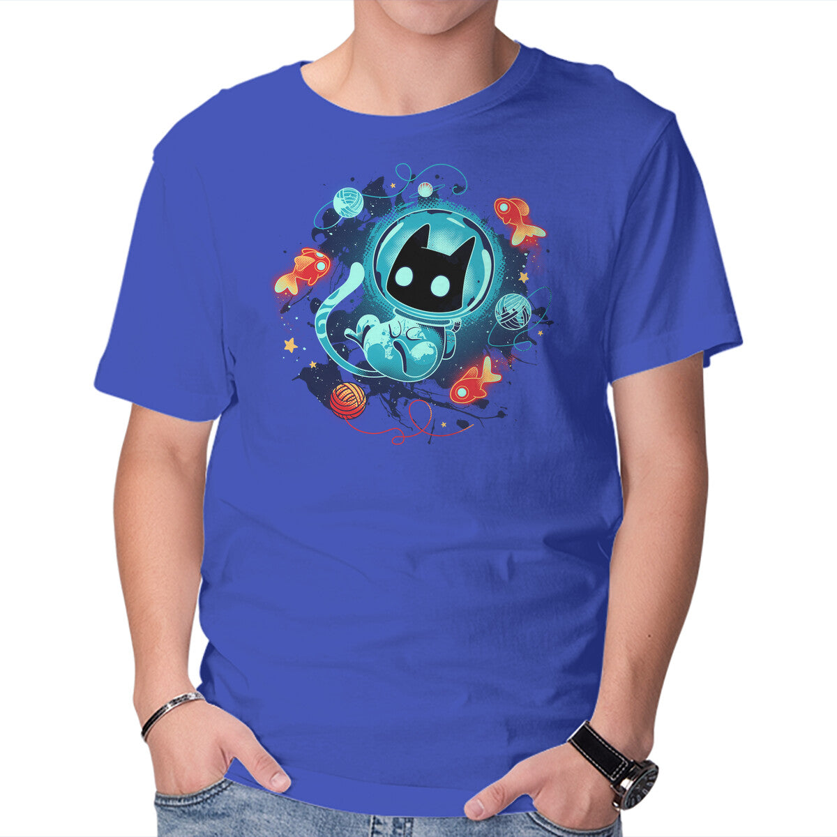 Space Adventurer – Cat Graphic T-Shirt in royal blue, product display