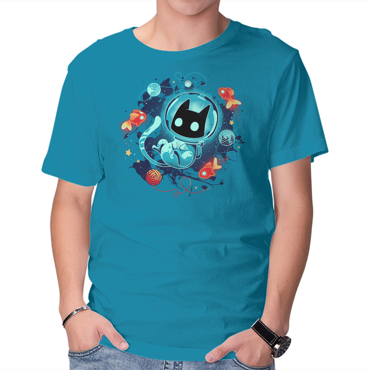 Space Adventurer – Cat Graphic T-Shirt in turquoise, product display