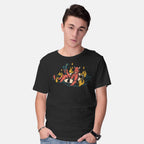 Model wearing black Bathing In Fire – Horror Graphic T-Shirt