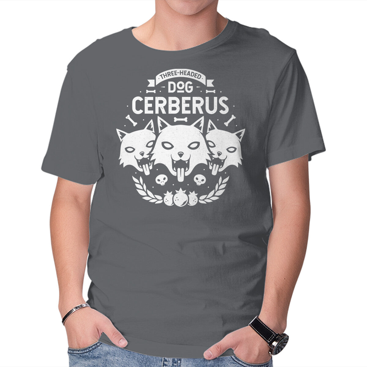 Three-headed Dog – Dog Graphic T-Shirt in charcoal, product display