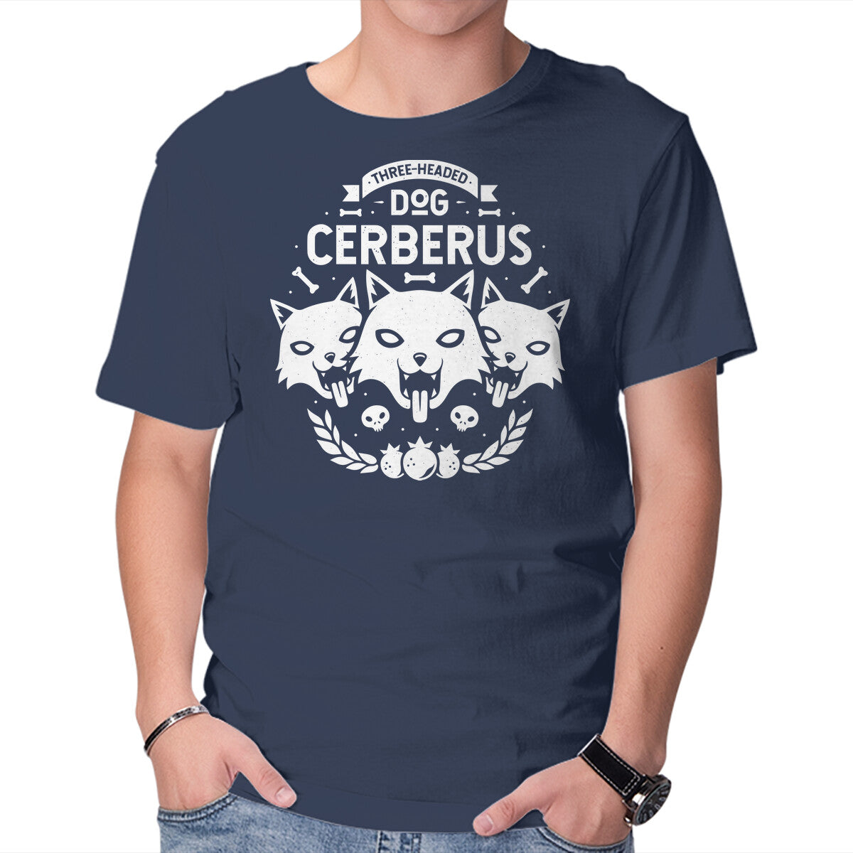Three-headed Dog – Dog Graphic T-Shirt in navy, product display