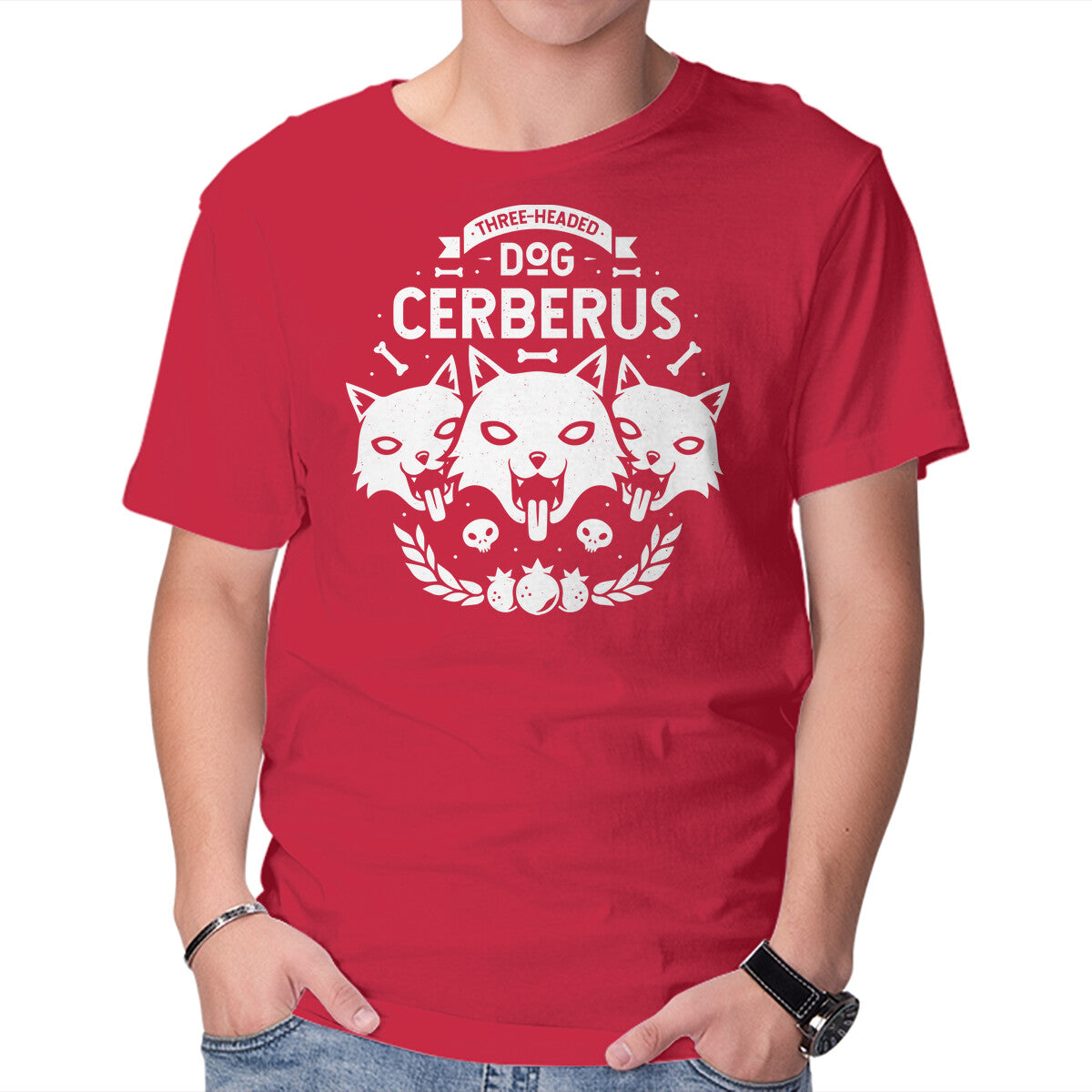 Three-headed Dog – Dog Graphic T-Shirt in red, product display