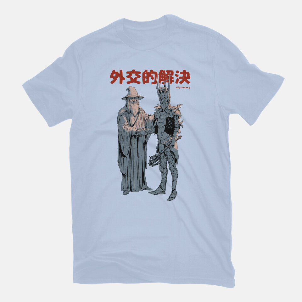 Diplomatic Solution – Fantasy Graphic T-Shirt in blue, flat-lay product view
