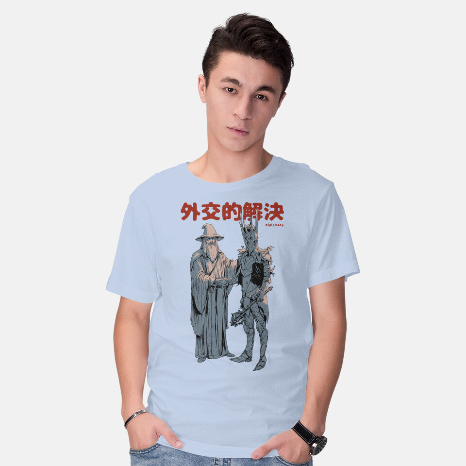 Model wearing blue Diplomatic Solution – Fantasy Graphic T-Shirt