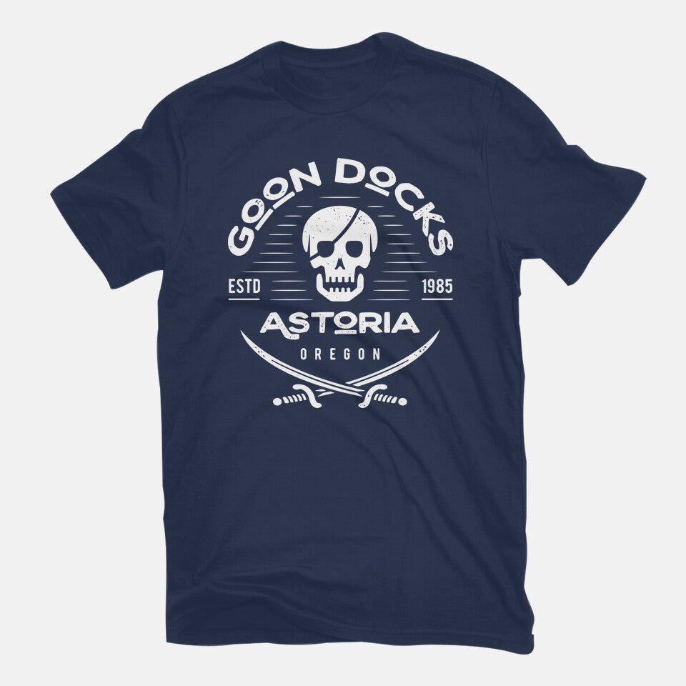 Goon Docks Emblem – Movie Graphic T-Shirt in navy, flat-lay product view