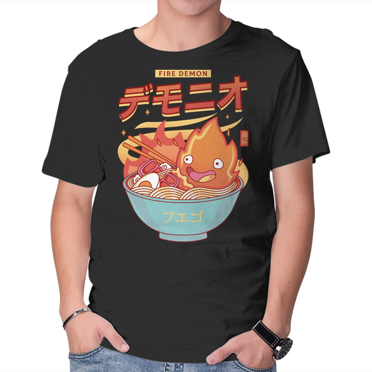 The Fire Demon Ramen – Anime Graphic T-Shirt in black, product display