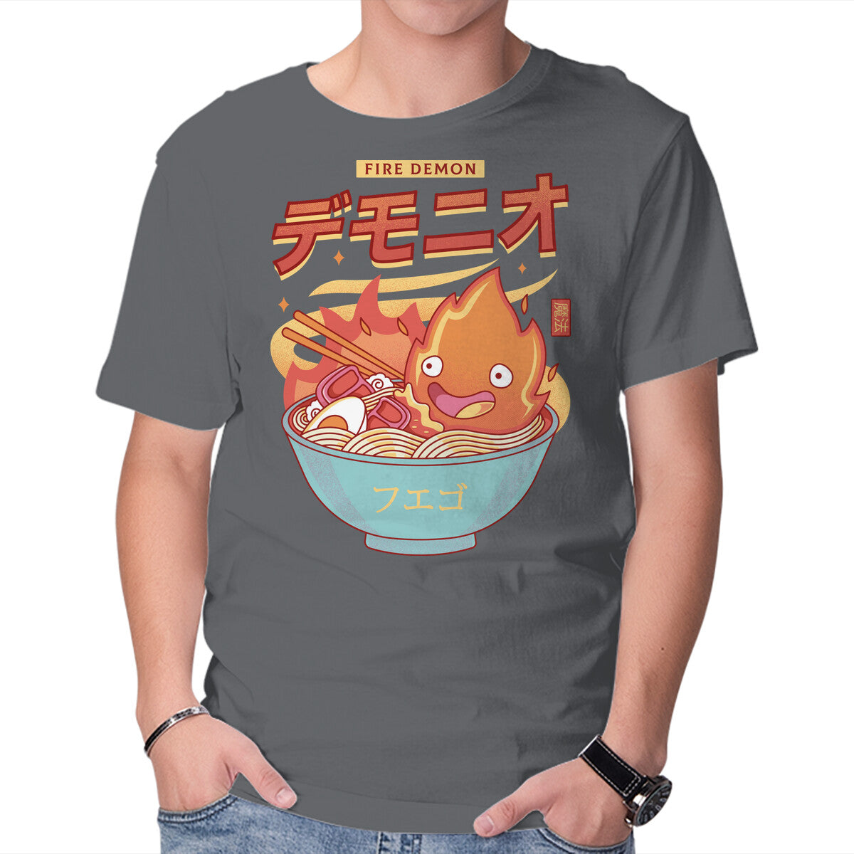 The Fire Demon Ramen – Anime Graphic T-Shirt in charcoal, product display