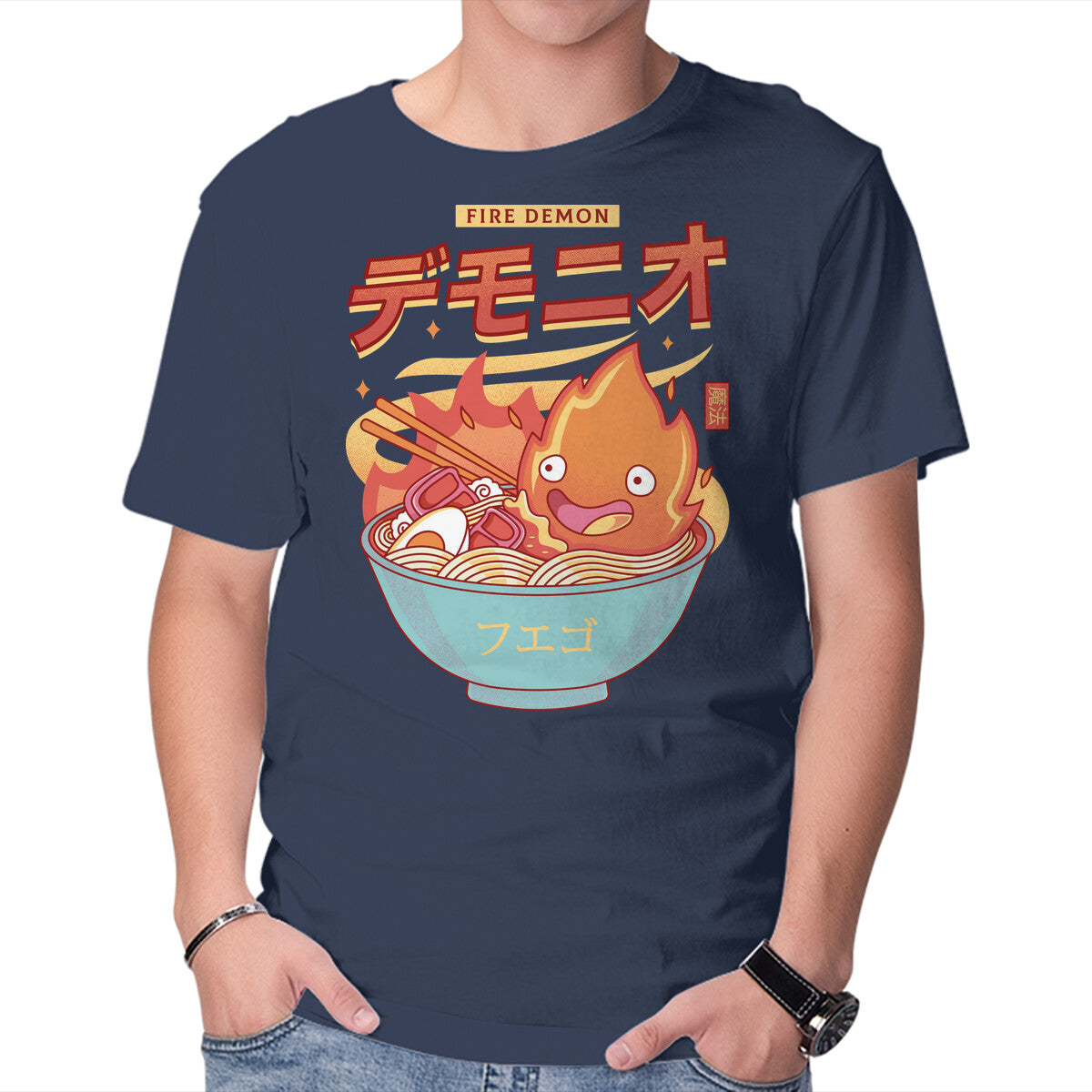 The Fire Demon Ramen – Anime Graphic T-Shirt in navy, product display