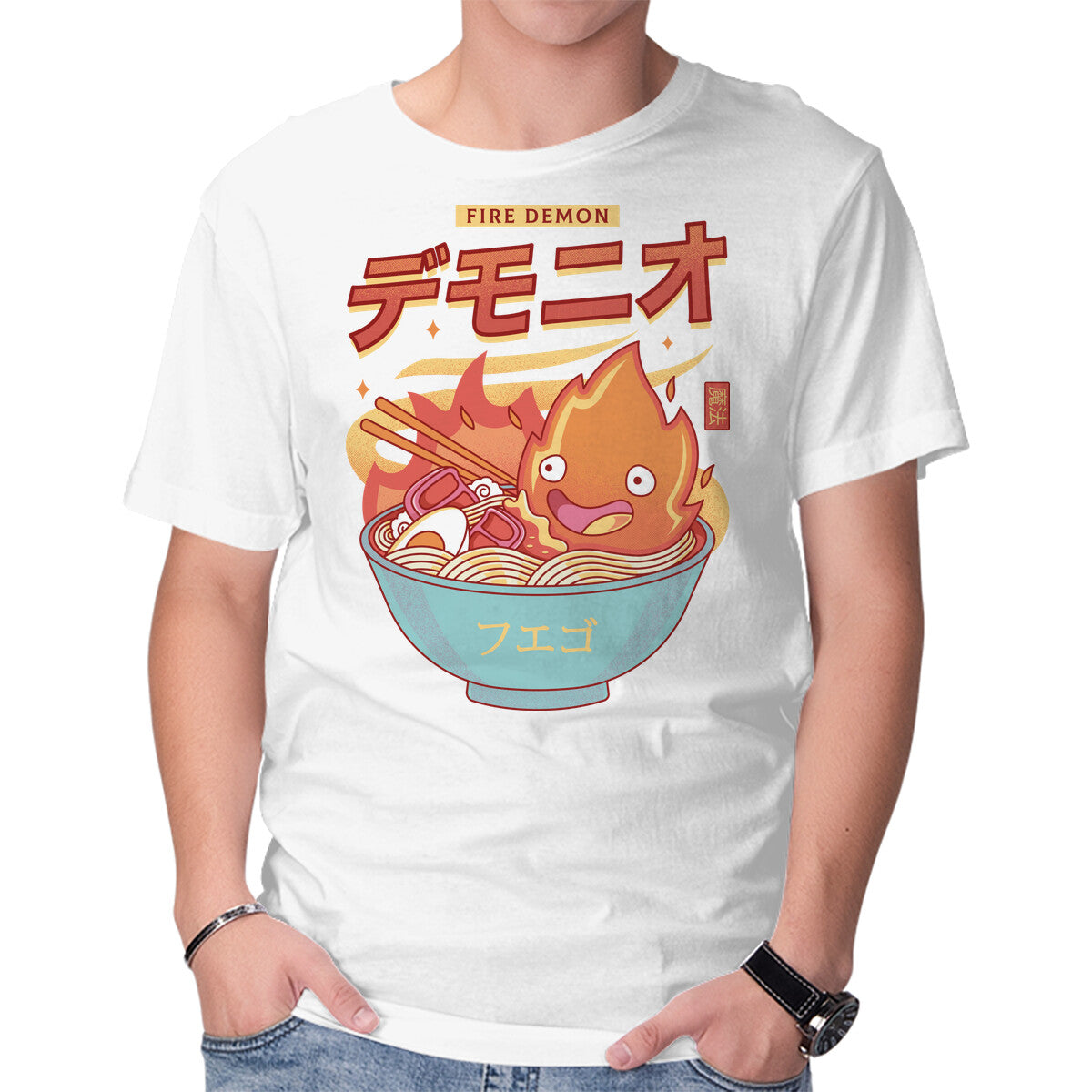 The Fire Demon Ramen – Anime Graphic T-Shirt in white, product display