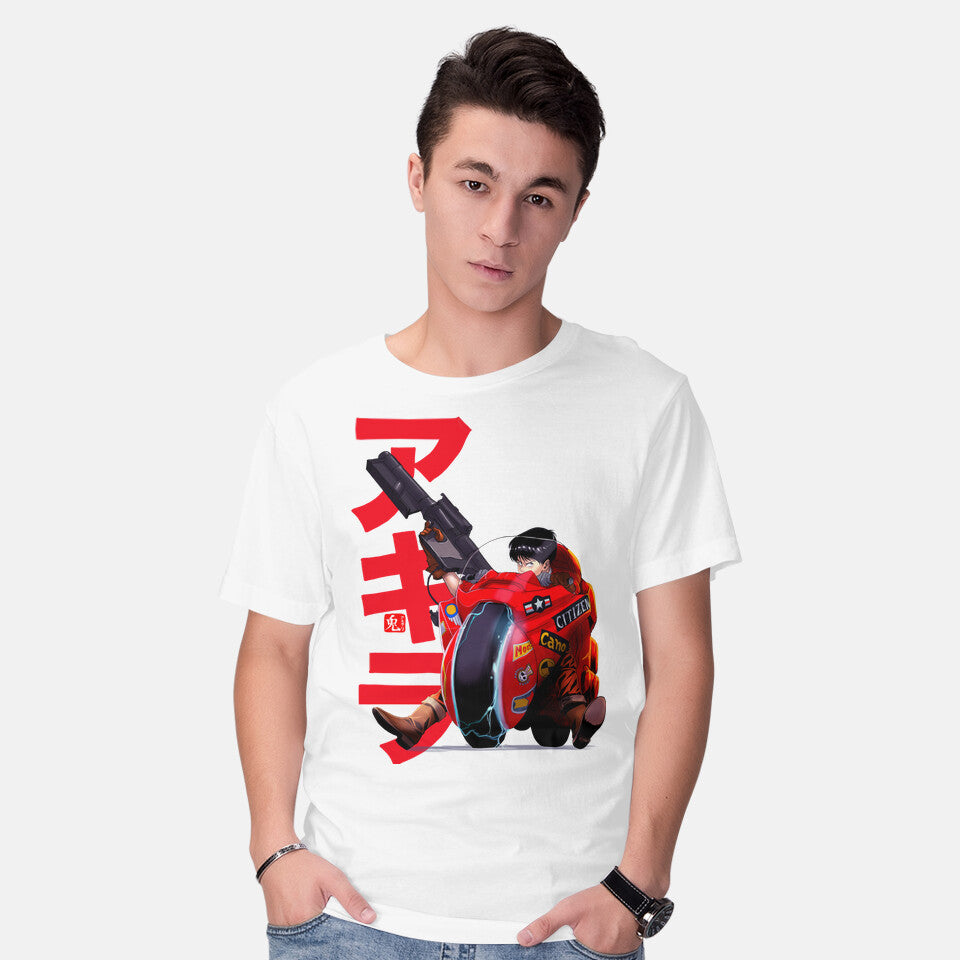 Model wearing white Biker – Anime Graphic T-Shirt