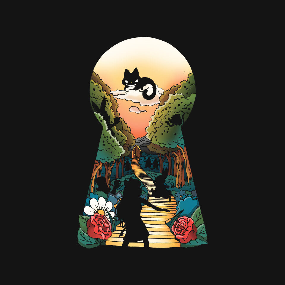 In Wonderland – Fantasy Graphic T-Shirt design artwork for black graphic T-shirt