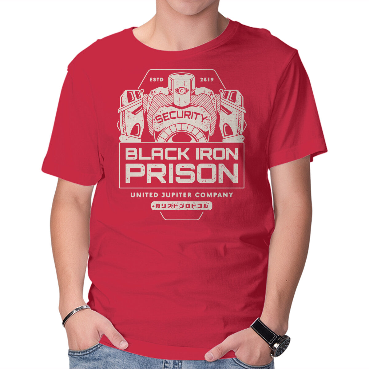 Prison Security Robots – Horror Graphic T-Shirt in red, product display