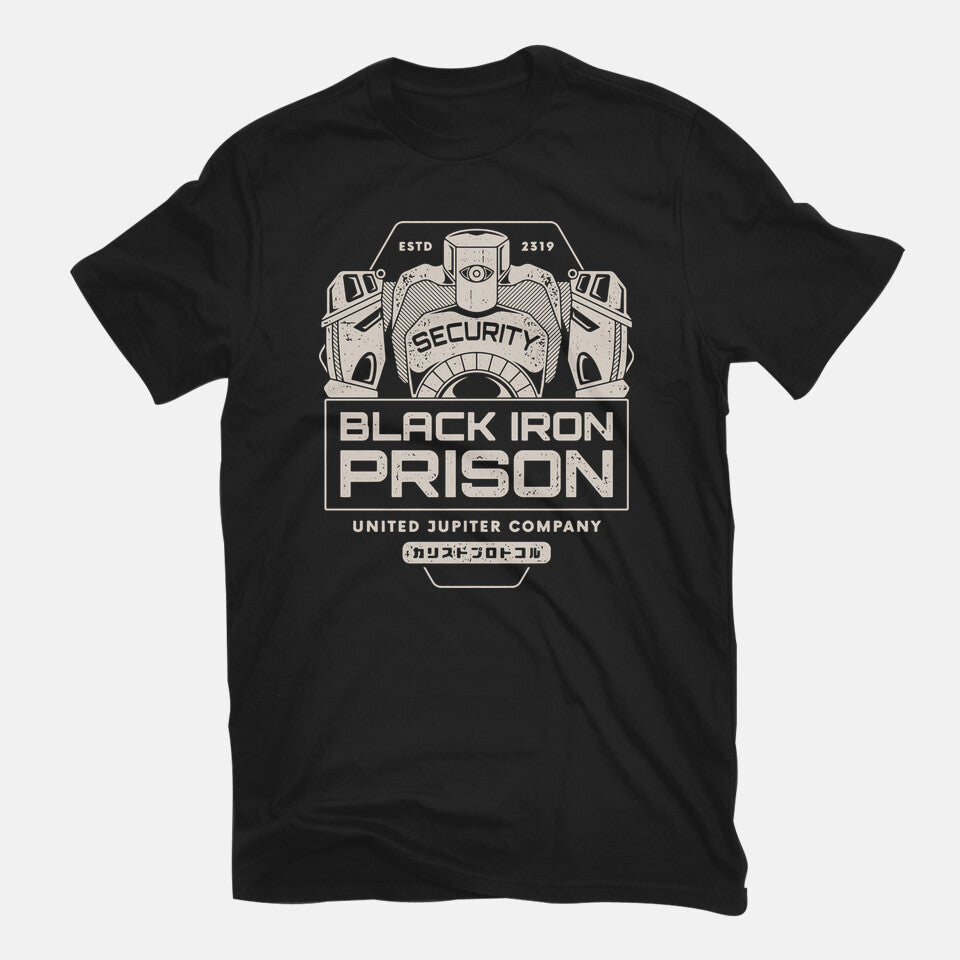 Prison Security Robots – Horror Graphic T-Shirt in black, flat-lay product view