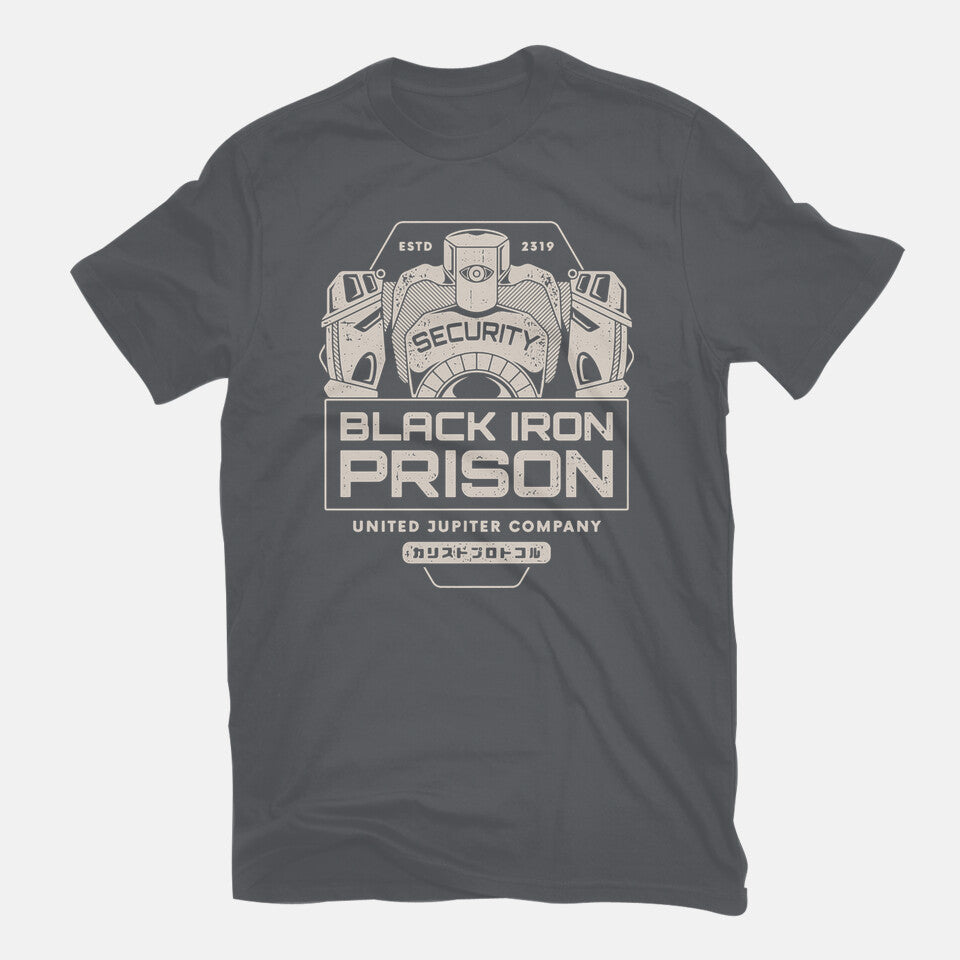 Prison Security Robots – Horror Graphic T-Shirt in charcoal, flat-lay product view
