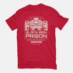 Prison Security Robots – Horror Graphic T-Shirt in red, flat-lay product view