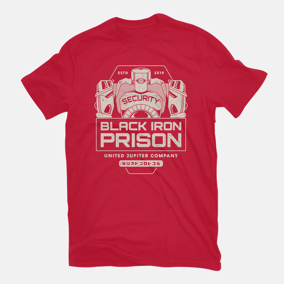 Prison Security Robots – Horror Graphic T-Shirt in red, flat-lay product view