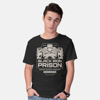 Model wearing black Prison Security Robots – Horror Graphic T-Shirt