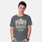 Model wearing charcoal Prison Security Robots – Horror Graphic T-Shirt