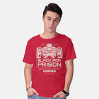 Model wearing red Prison Security Robots – Horror Graphic T-Shirt
