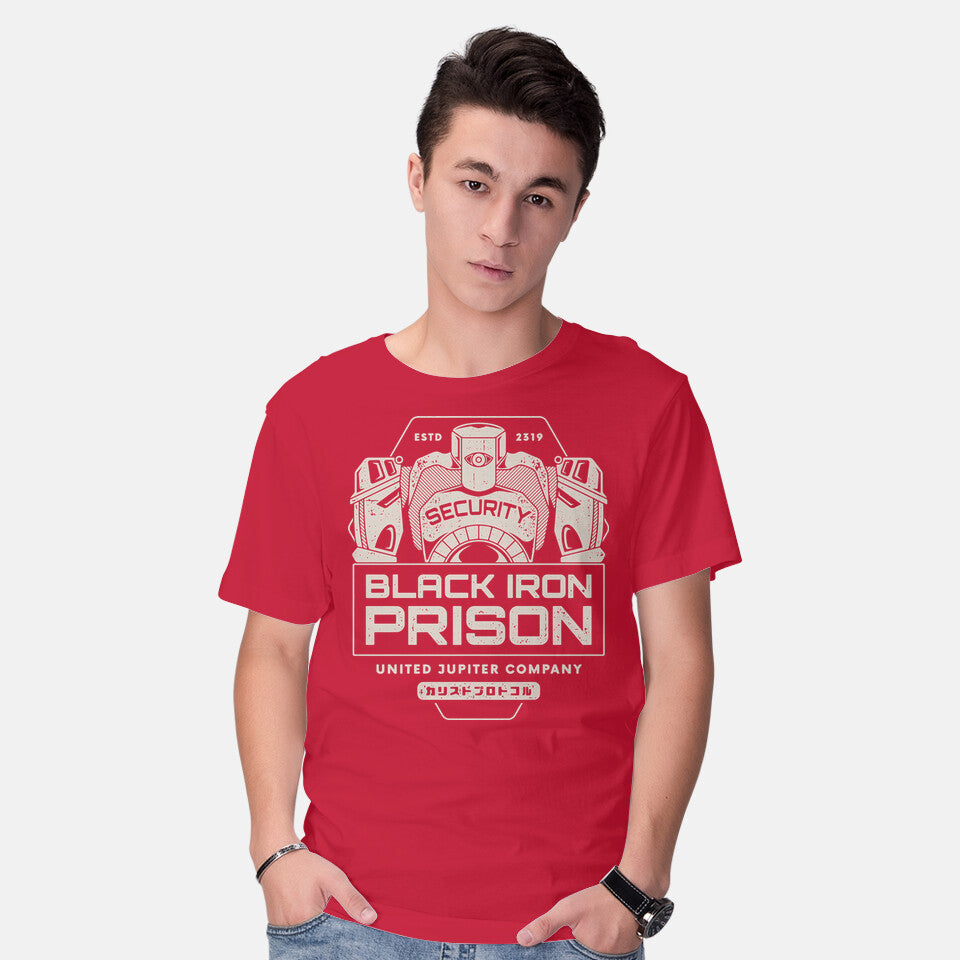 Model wearing red Prison Security Robots – Horror Graphic T-Shirt