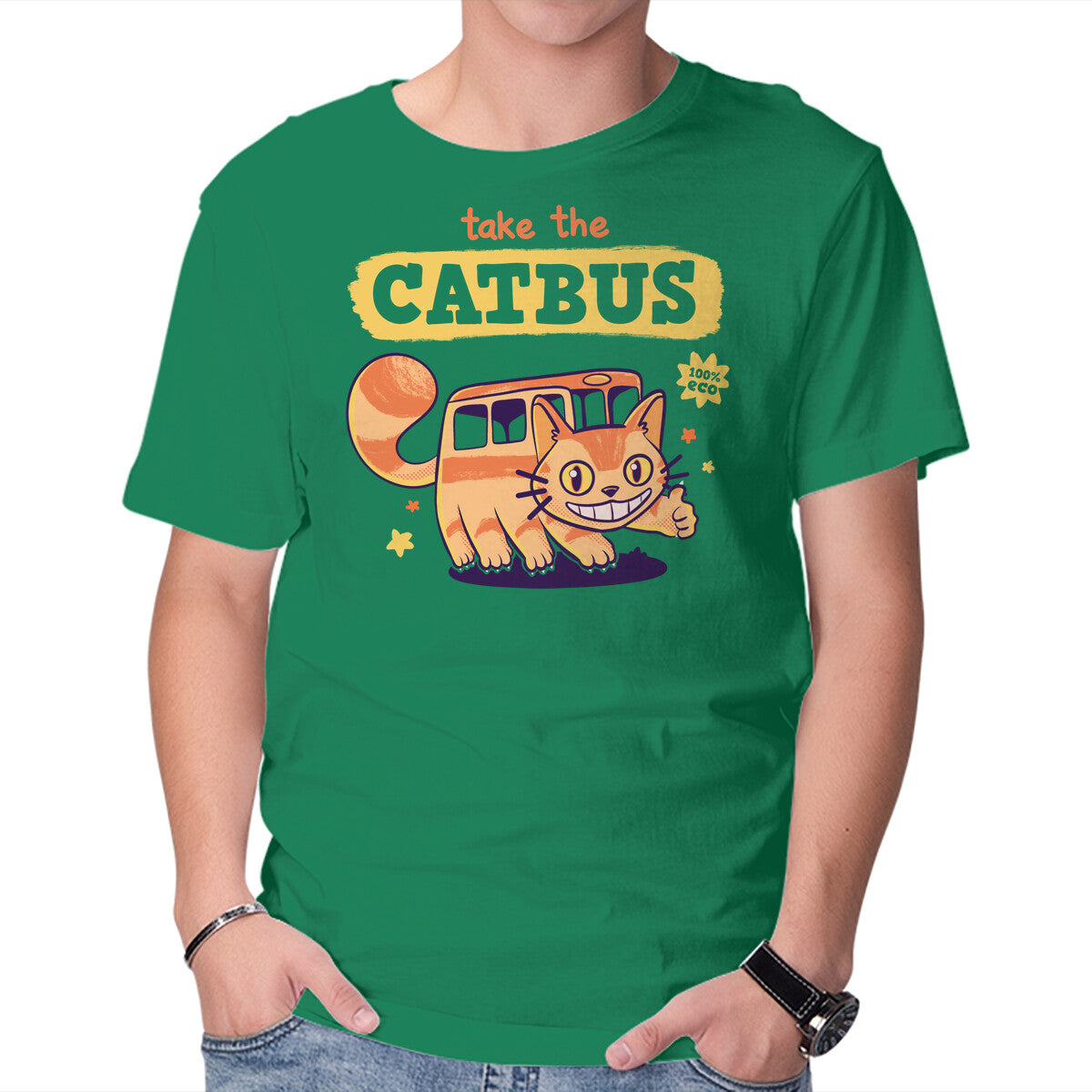 Take The Catbus – Anime Graphic T-Shirt in green, product display