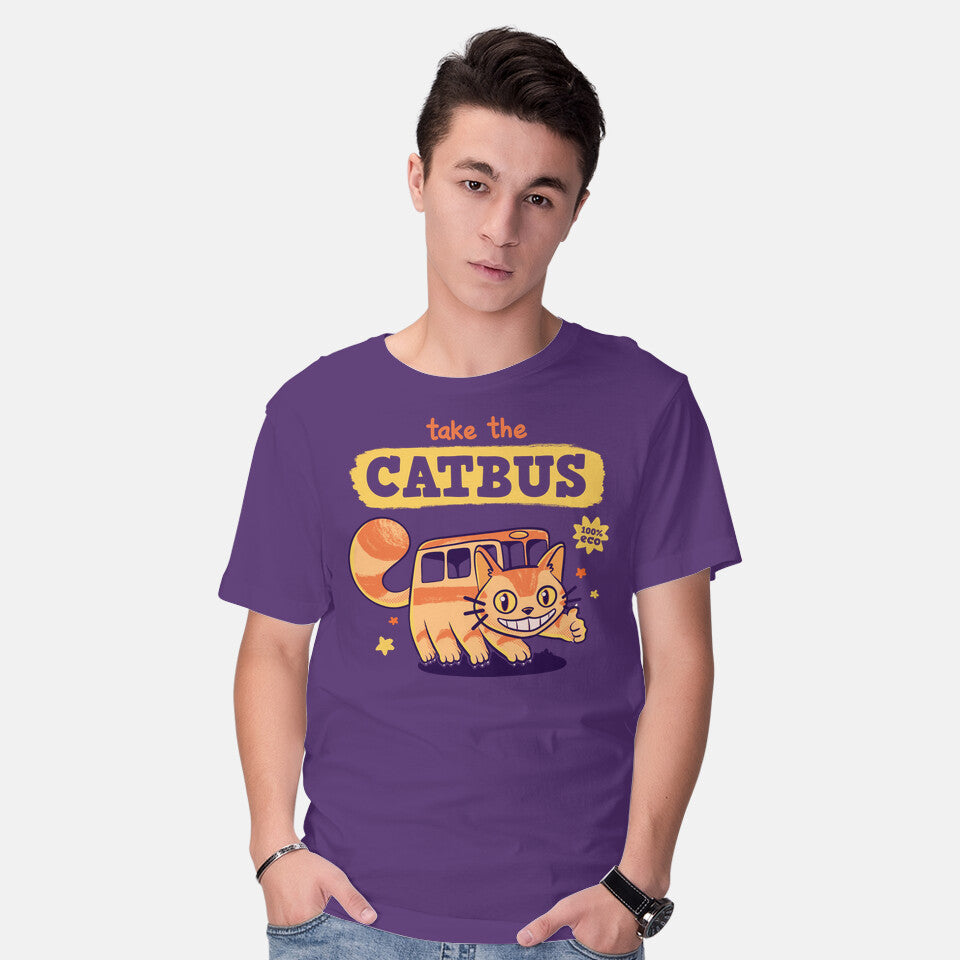 Model wearing purple Take The Catbus – Anime Graphic T-Shirt