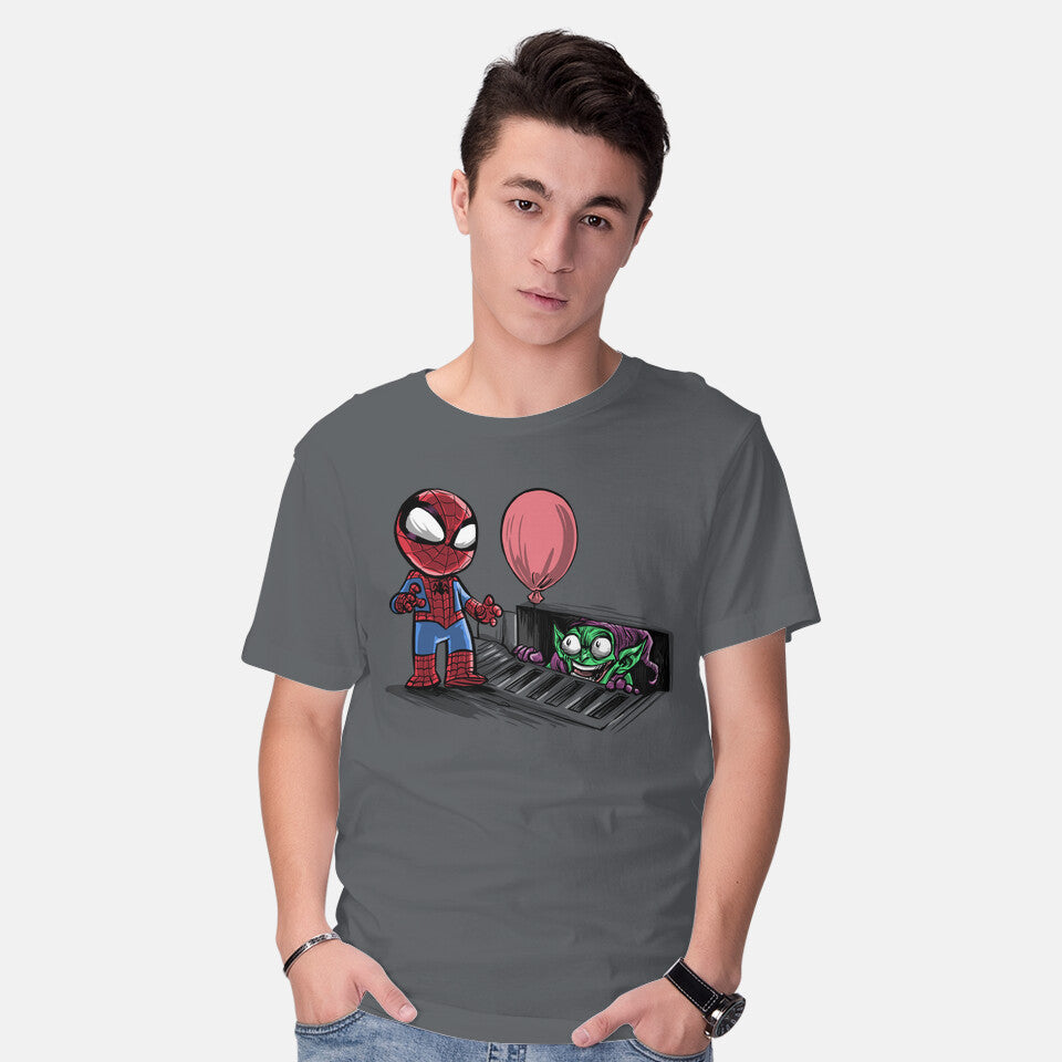 Model wearing charcoal All Spiders Float Graphic T-Shirt